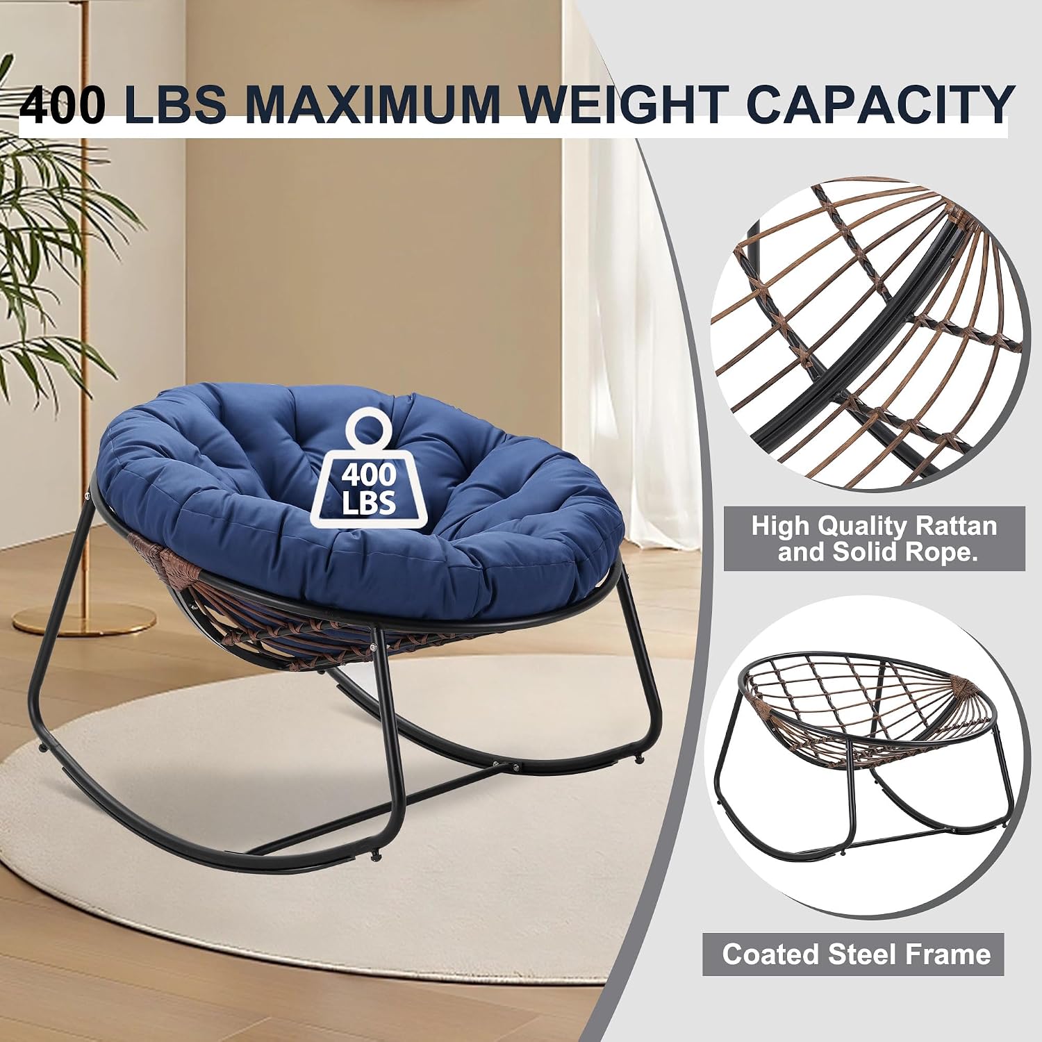 Outdoor Rocking Chair, Indoor & Outdoor Comfy Oversized Papasan Chair with Padded Cushion, Oversized Metal Frame Egg Chair for Living Room, Patio, Front Porch, Backyard
