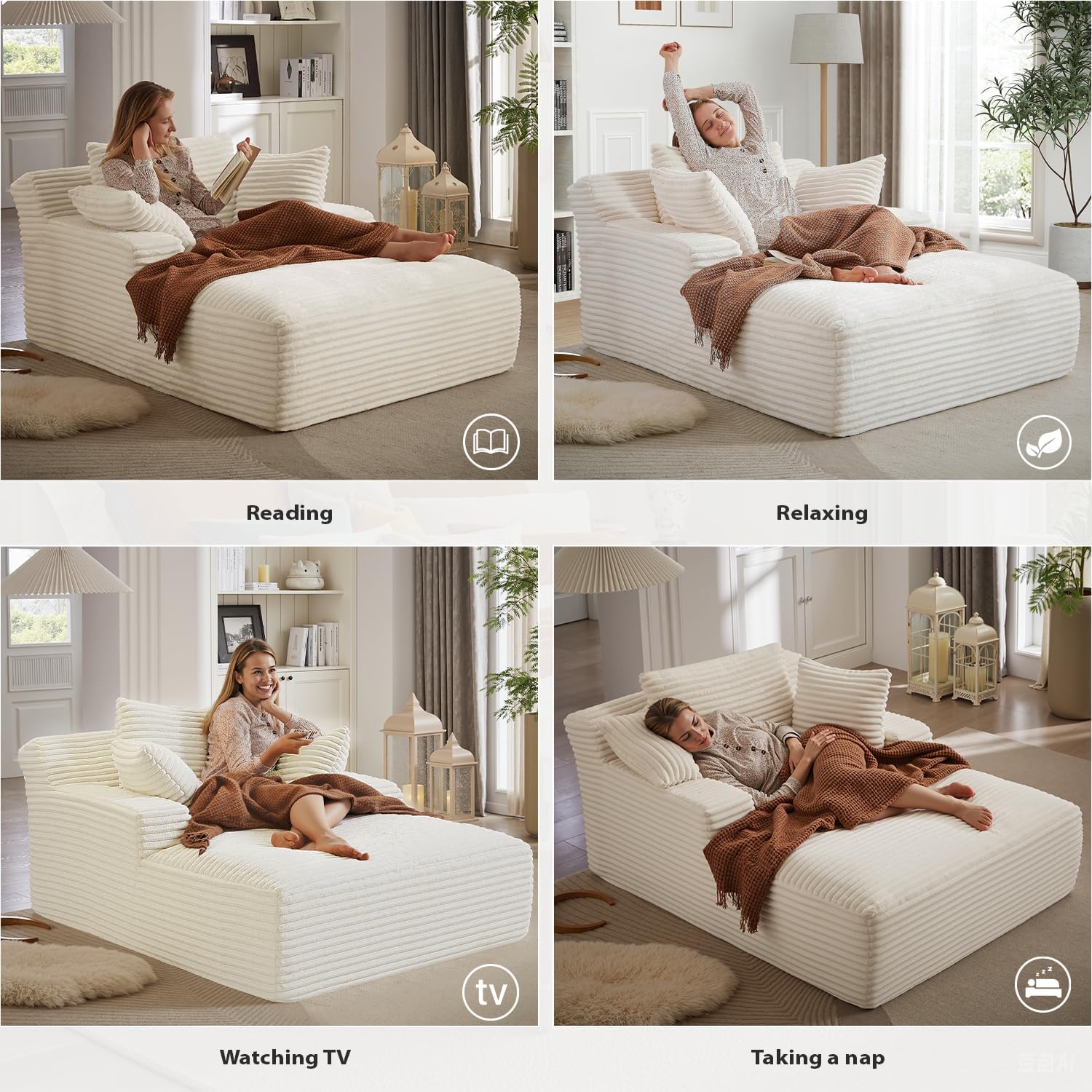 ivoros 50 Inch Chaise Lounge Chair Indoor, Oversized Corduroy Upholstered Boneless Sofa Bed, Deep Seat Sleeper Couch Reading Chairs, Cloud Sofas Couches for Living Room, No Assembly Required (Beige)