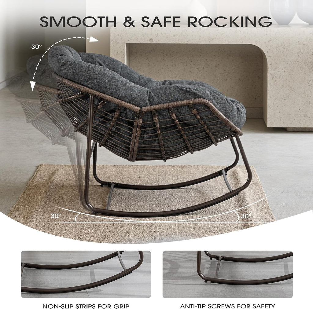 Oversized Papasan Rocking Chair, Indoor & Outdoor Egg Rocker with All-Weather Hand-Woven Rattan & Rust-Proof Steel Frame for Porch, Patio, Living Room (Linen-Like, Dark Grey)