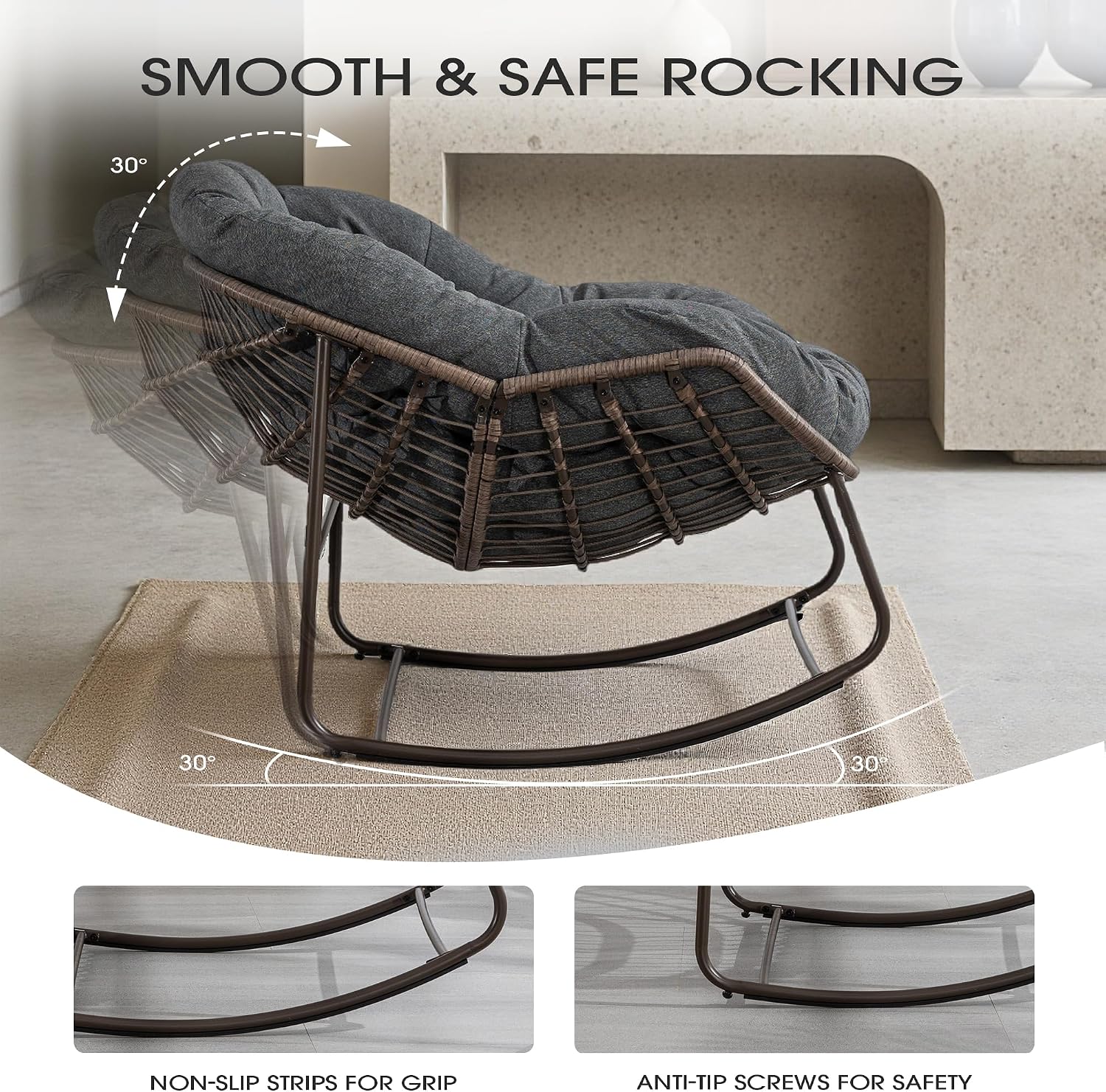 Oversized Papasan Rocking Chair, Indoor & Outdoor Egg Rocker with All-Weather Hand-Woven Rattan & Rust-Proof Steel Frame for Porch, Patio, Living Room (Linen-Like, Dark Grey)