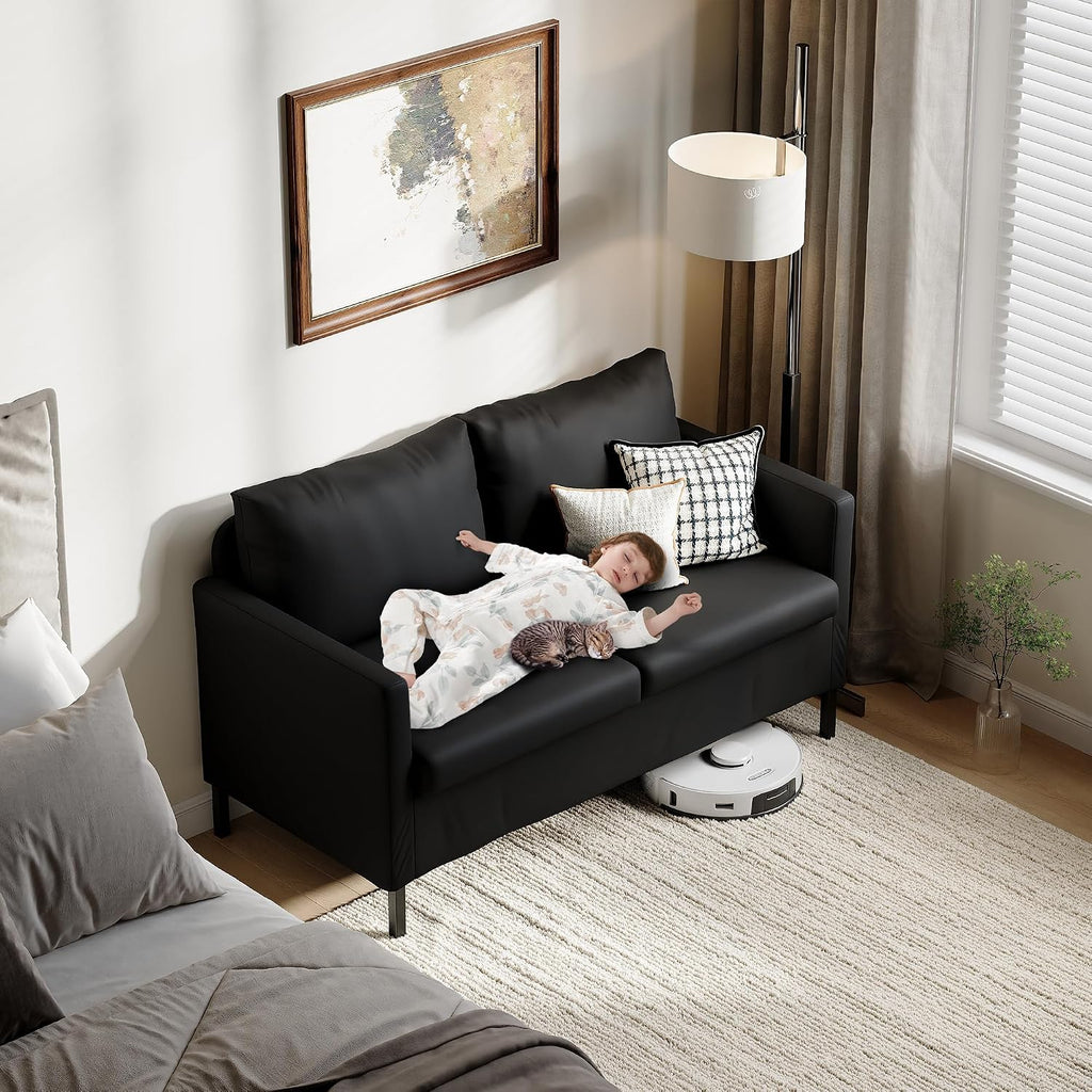 TYBOATLE Faux Leather Modern Small Couches for Small Spaces, Comfy Upholstered Love Seat for Bedroom, 2 Seater Mini Couch for Apartment, Dorm, Office, Black