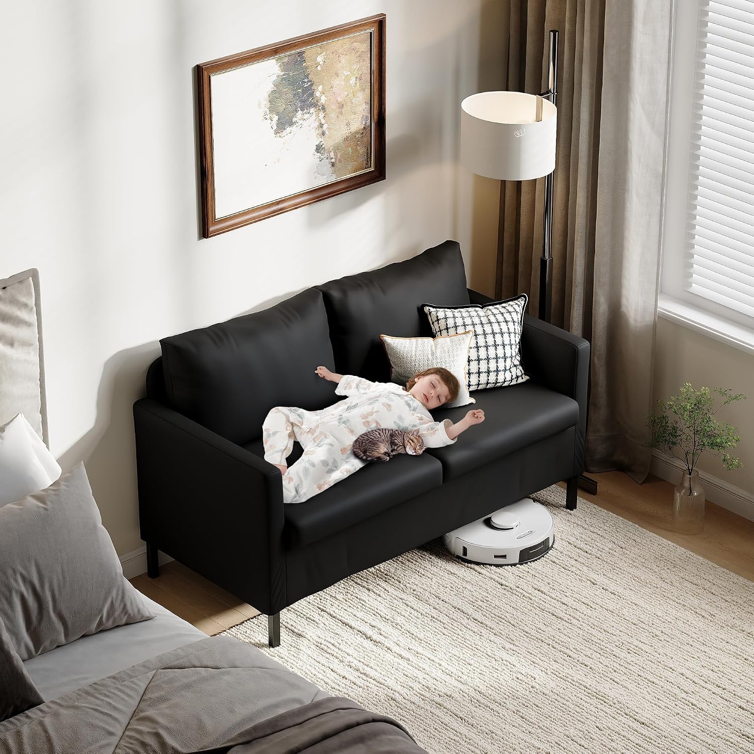 TYBOATLE Faux Leather Modern Small Couches for Small Spaces, Comfy Upholstered Love Seat for Bedroom, 2 Seater Mini Couch for Apartment, Dorm, Office, Black