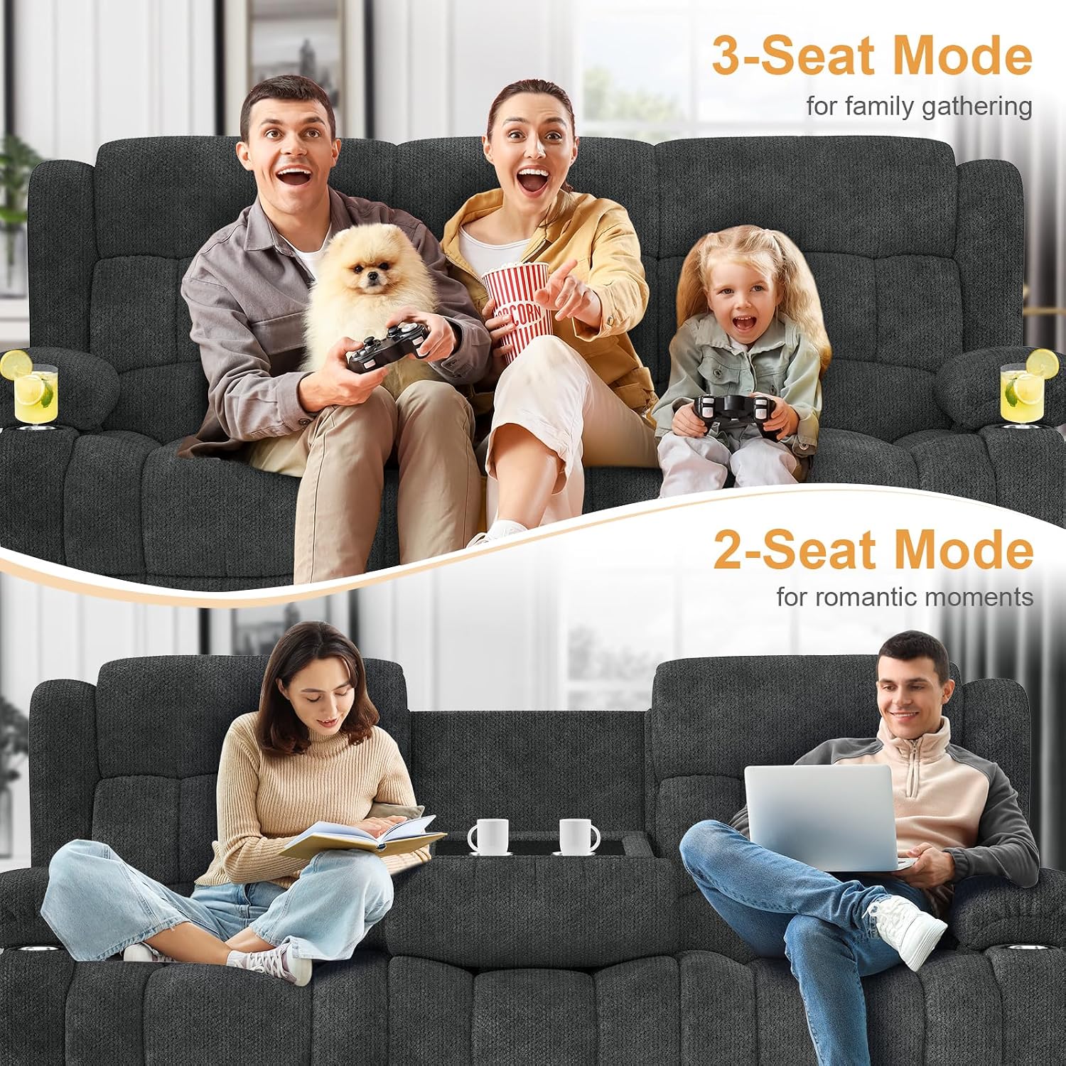 Dresegmt Loveseat Recliner Sofa, Flip Middle Backrest Design 3 Seat Reclining Sofa with Storage Drawer, USB Ports & Cup Holders, Manual Couch for Living Room/RV (New Gray)