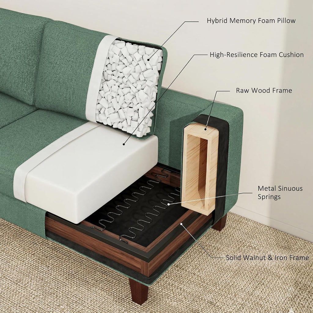 Gericco Mid Century Modern Couches for Living Room, 89' Comfy Green Couch Sofa with 3-Seater Deep Seats, Upholstered Sofas for Living Room, Office Apartment, Bedroom