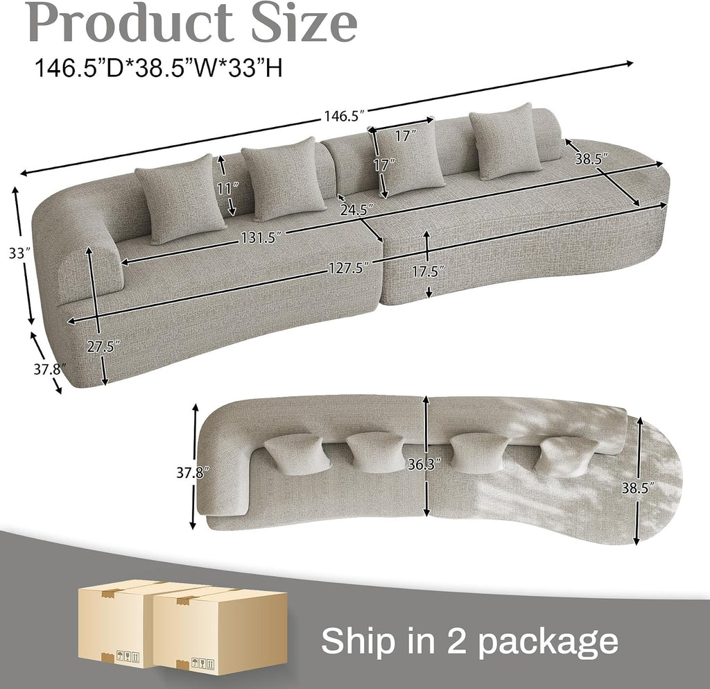 147' Oversized Sectional Sofa for Living Room, Modern Luxury Plush Chenille 4-Seater Extra Deep & Wide Seat Curved Cloud Couch with 4 Throw Pillows, No Assembly Needed, Light Grey