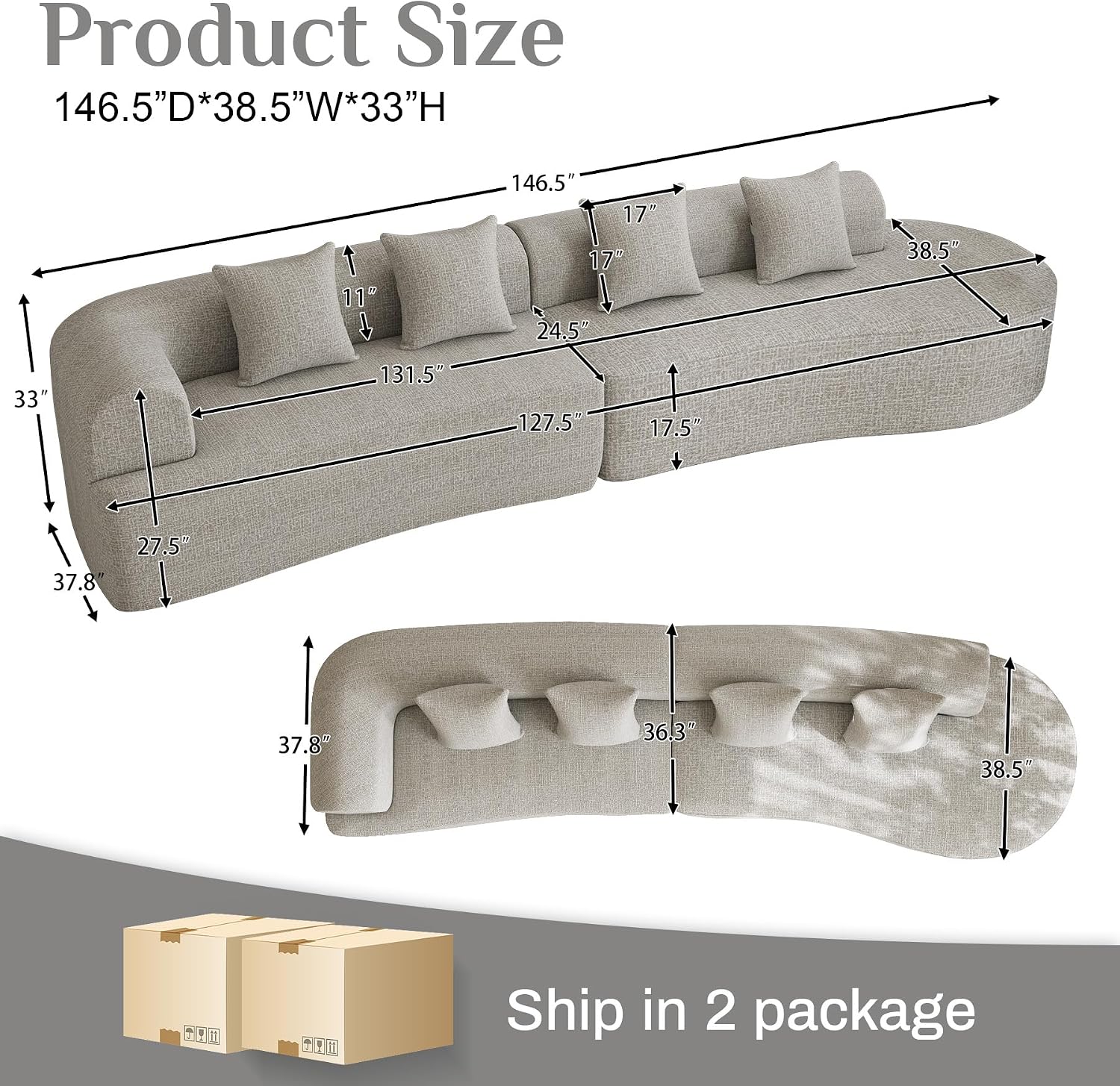 147' Oversized Sectional Sofa for Living Room, Modern Luxury Plush Chenille 4-Seater Extra Deep & Wide Seat Curved Cloud Couch with 4 Throw Pillows, No Assembly Needed, Light Grey
