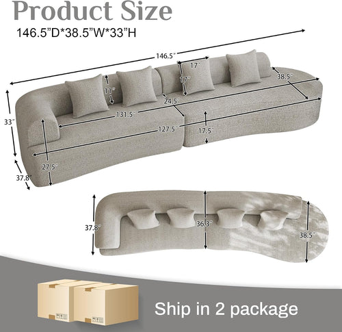 147' Oversized Sectional Sofa for Living Room, Modern Luxury Plush Chenille 4-Seater Extra Deep & Wide Seat Curved Cloud Couch with 4 Throw Pillows, No Assembly Needed, Light Grey