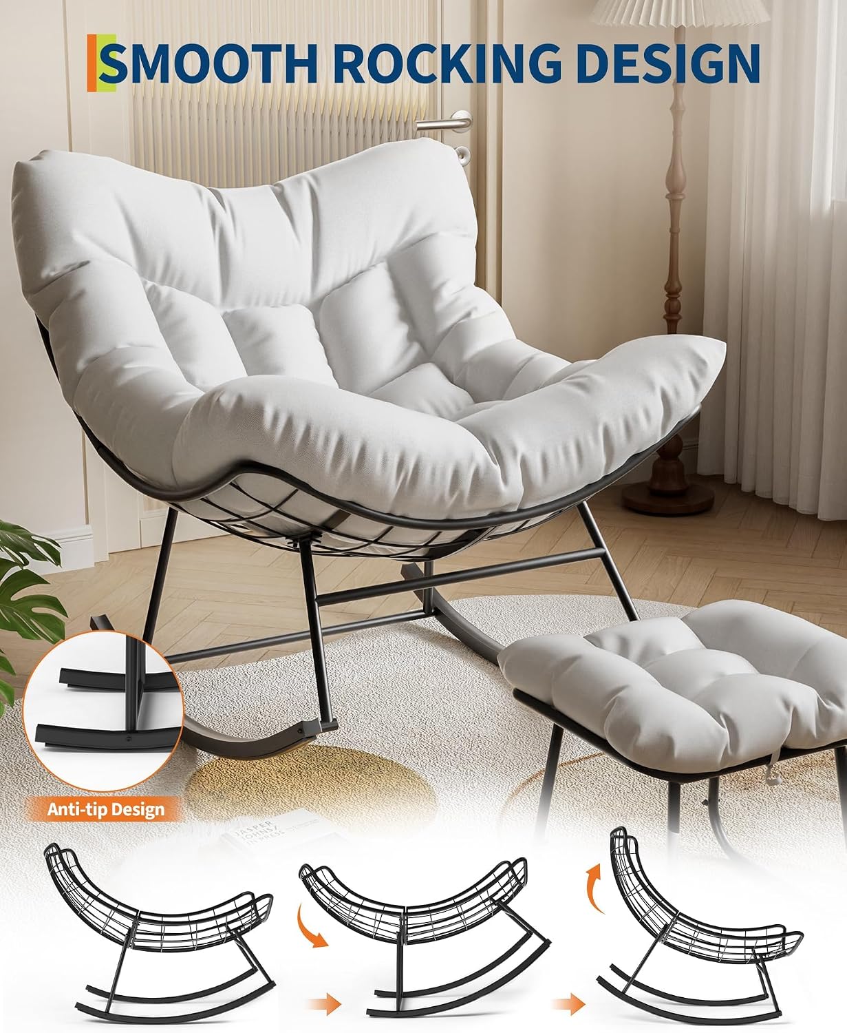 Papasan Rocking Chair with Footrest,4-Piece Steel Frame Egg Chair,Metal Patio Lounge Rocking Chair with Ottoman & Thick Cushion,400lb Capacity for Patio, Balcony, Bedroom & Living Room