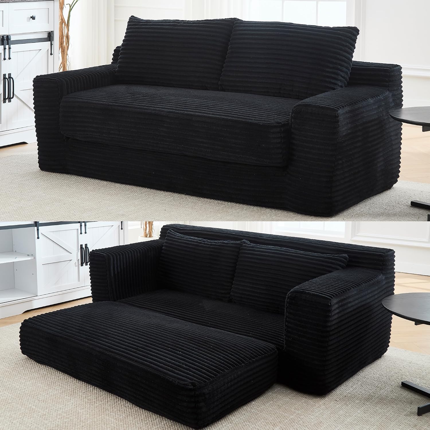 GNIXUU 71' Corduroy Cloud Loveseat Sofa, 2 in 1 Convertible Black Boneless Sleeper Sofa with Fixed-Shape Frame, Comfy Folding Love Seat Couches for Living Room, Apartment, Small Spaces
