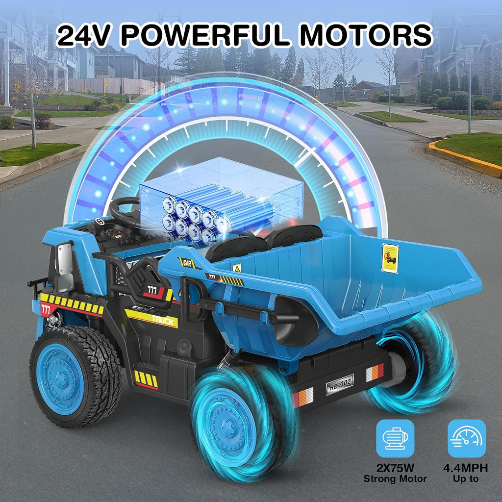 ANPABO 24V Ride On Dump Truck, 2X75W Powerful Motors, Up to 4.4Mph, EVA Tires, Construction Vehicle w/Electric Dump Bed and Extra Shovel, 19' Spacious 2 Seater, Kids Car w/Parent Remote -Blue