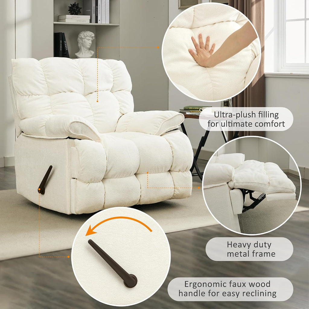 Oversized Recliner Chair, Overstuffed Swivel Rocker with Extra Wide Seat & Breathable Fabric for Living Room (Manual, White)