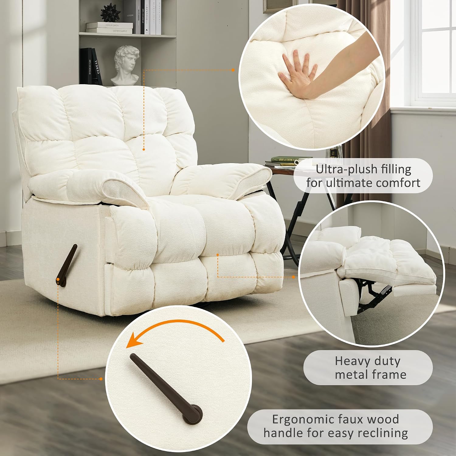 Oversized Recliner Chair, Overstuffed Swivel Rocker with Extra Wide Seat & Breathable Fabric for Living Room (Manual, White)