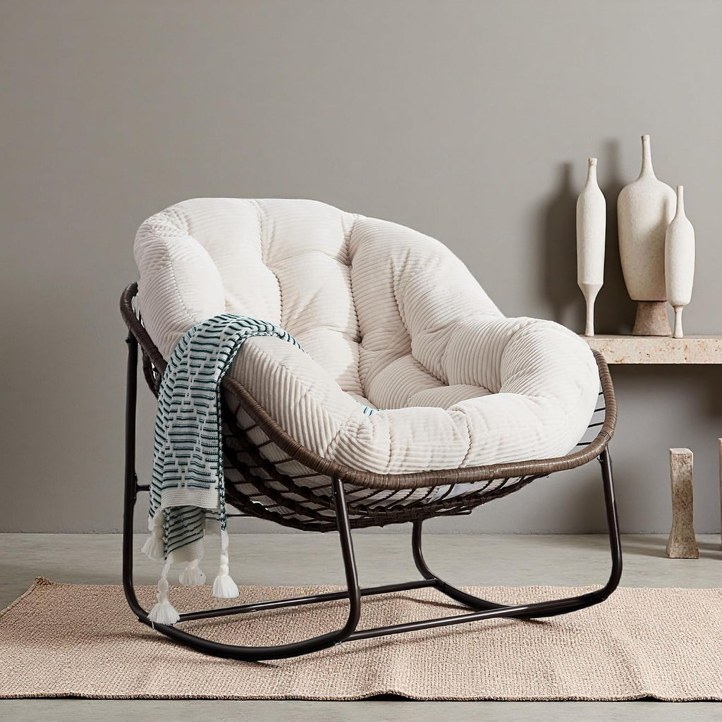 Oversized Papasan Rocking Chair, Indoor & Outdoor Egg Rocker with All-Weather Hand-Woven Rattan & Rust-Proof Steel Frame for Porch, Patio, Living Room (Corduroy, White)