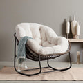 Oversized Papasan Rocking Chair, Indoor & Outdoor Egg Rocker with All-Weather Hand-Woven Rattan & Rust-Proof Steel Frame for Porch, Patio, Living Room (Corduroy, White)