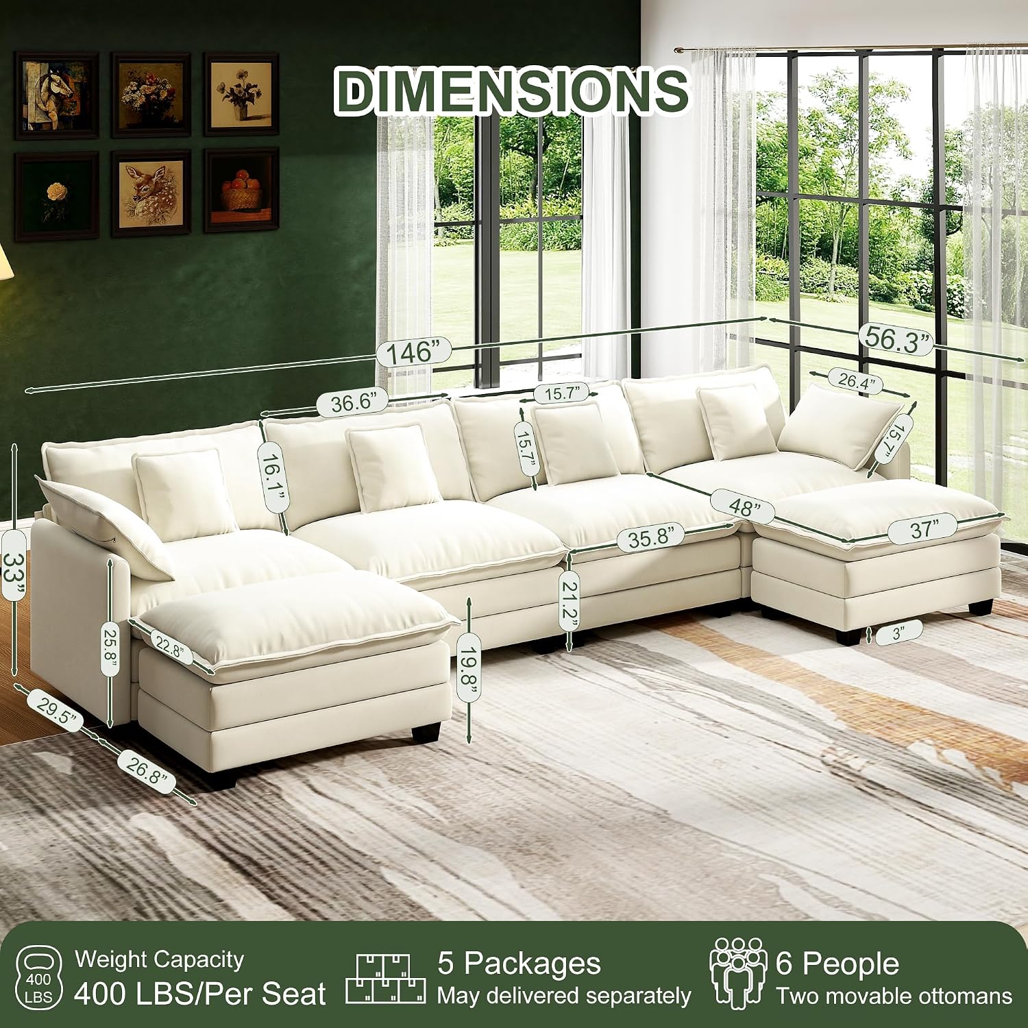 146' Cloud Couch Sectional, U Shaped Modular Sectional Sofa, 4-Seat Deep Seat Couch with 6 Removable Washable Pillows and 2 Ottoman for Living Room, Bedroom, Apartment, Beige