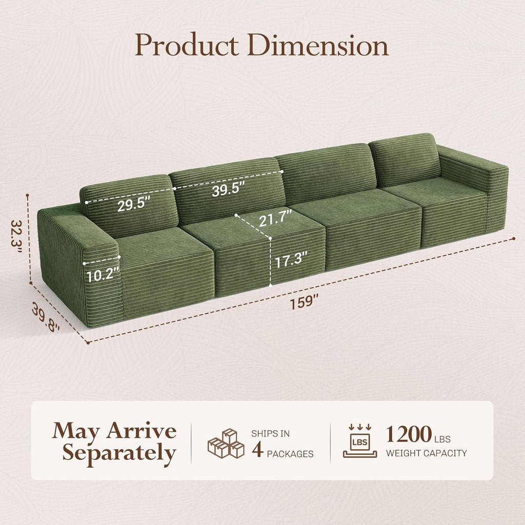 Vesgantti 159' Modular Sectional Sofa, Corduroy Cloud Couch with Extra Deep Seats & Spring Support, Flexible Layout 4-Seater Boneless Couch, No Assembly Required, Green