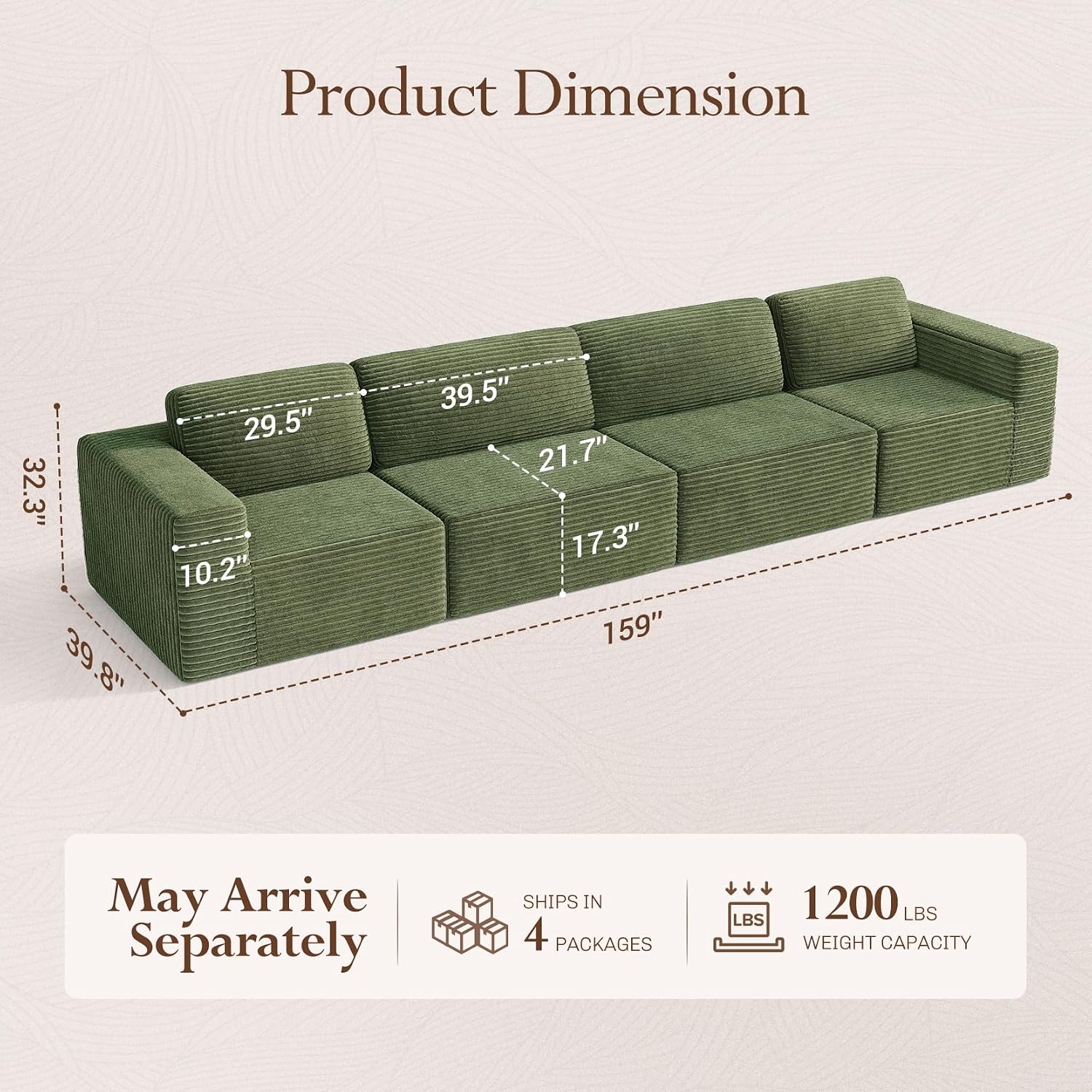 Vesgantti 159' Modular Sectional Sofa, Corduroy Cloud Couch with Extra Deep Seats & Spring Support, Flexible Layout 4-Seater Boneless Couch, No Assembly Required, Green