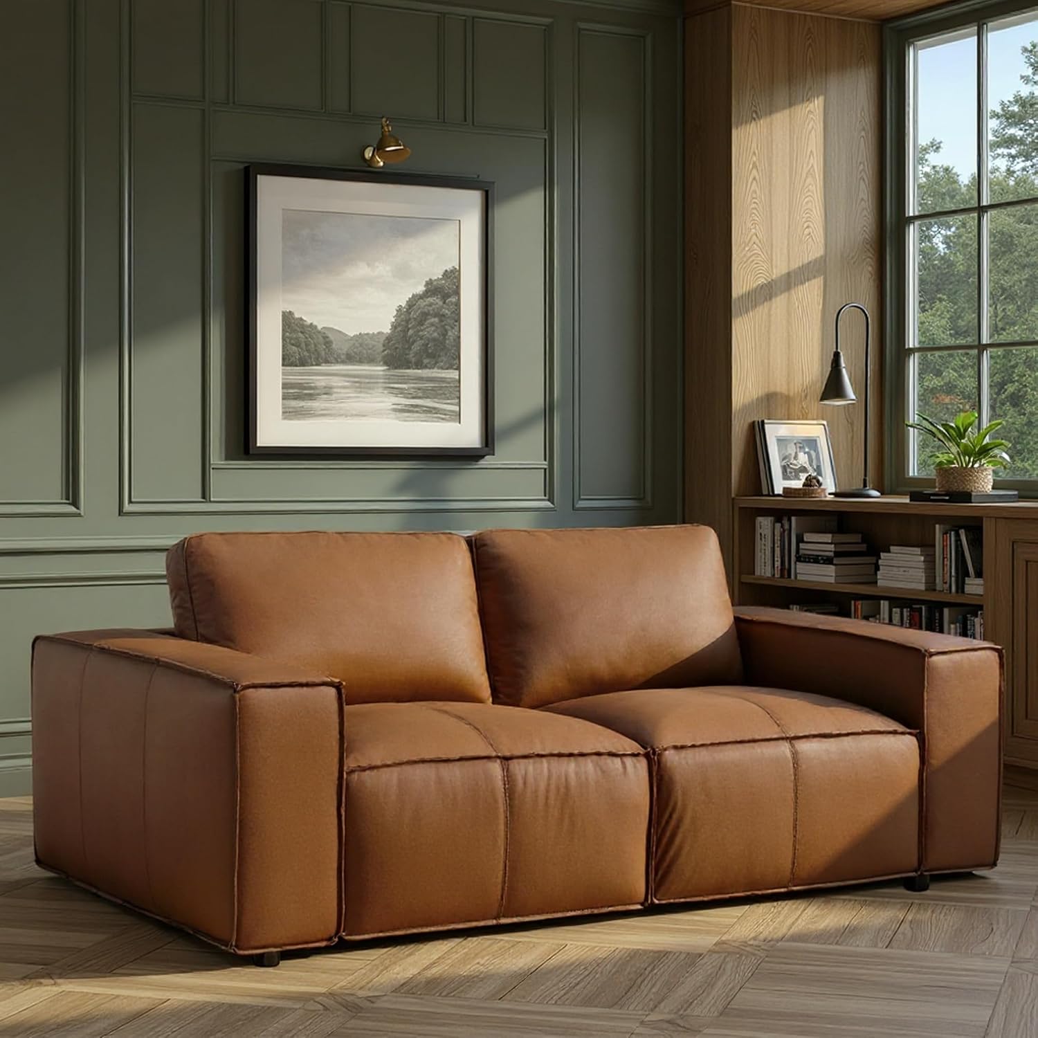 Clayton 76' Modern Leather Loveseat in Anthracite Gray or Ochre with Track Arms