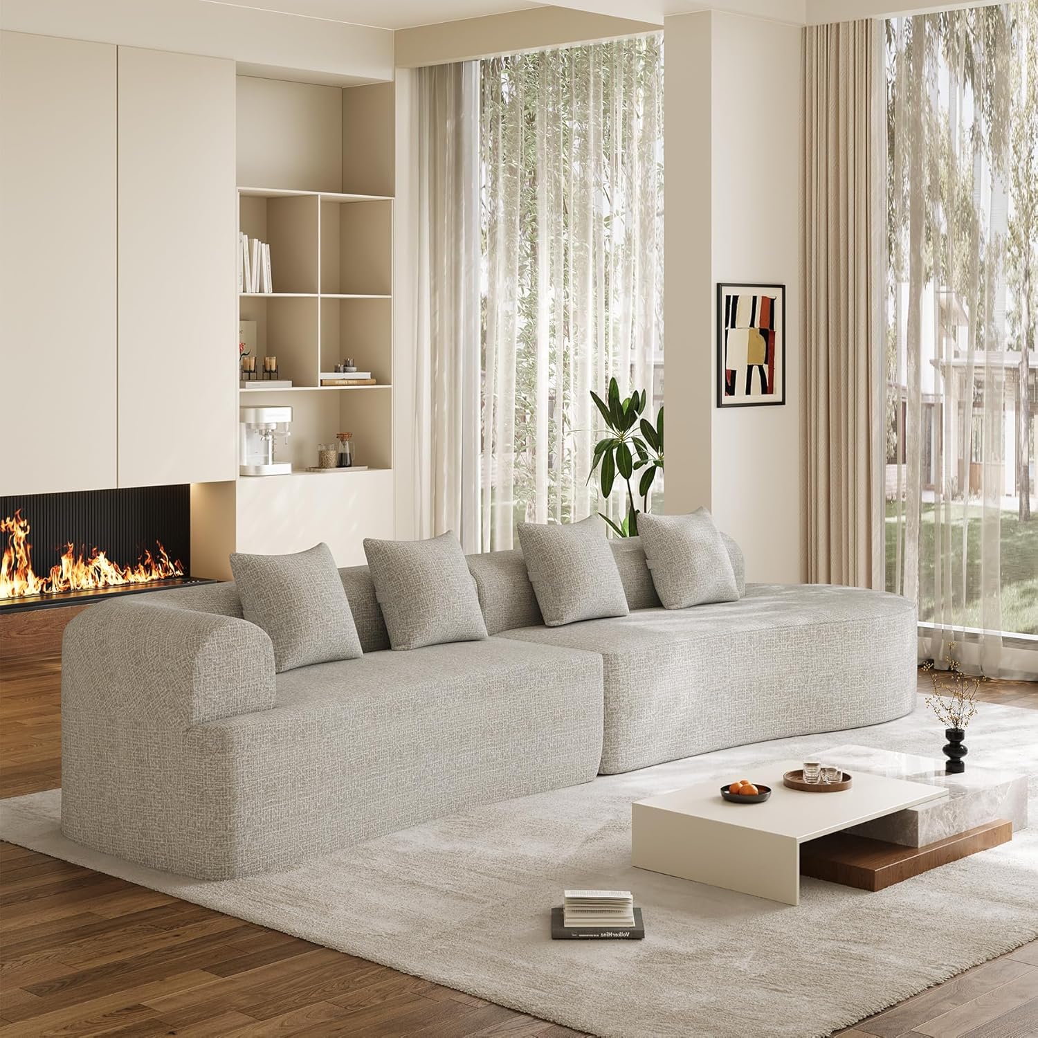 147' Oversized Sectional Sofa for Living Room, Modern Luxury Plush Chenille 4-Seater Extra Deep & Wide Seat Curved Cloud Couch with 4 Throw Pillows, No Assembly Needed, Light Grey