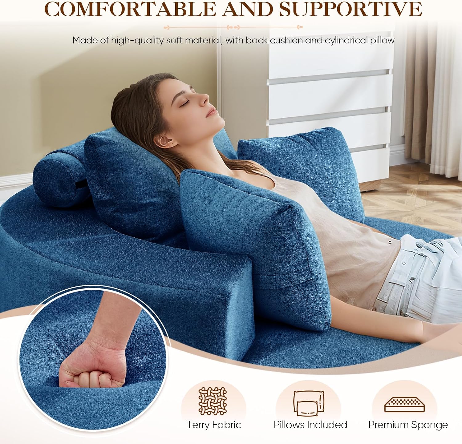 Antetek Oversized Round Chaise Longue Chair Indoor, Modern 55-inch Upholstered Terry Fabric Deep Seat Circle Single Cloud Lounge Floor Accent Chair for Living Room, Bedroom Apartment, Blue