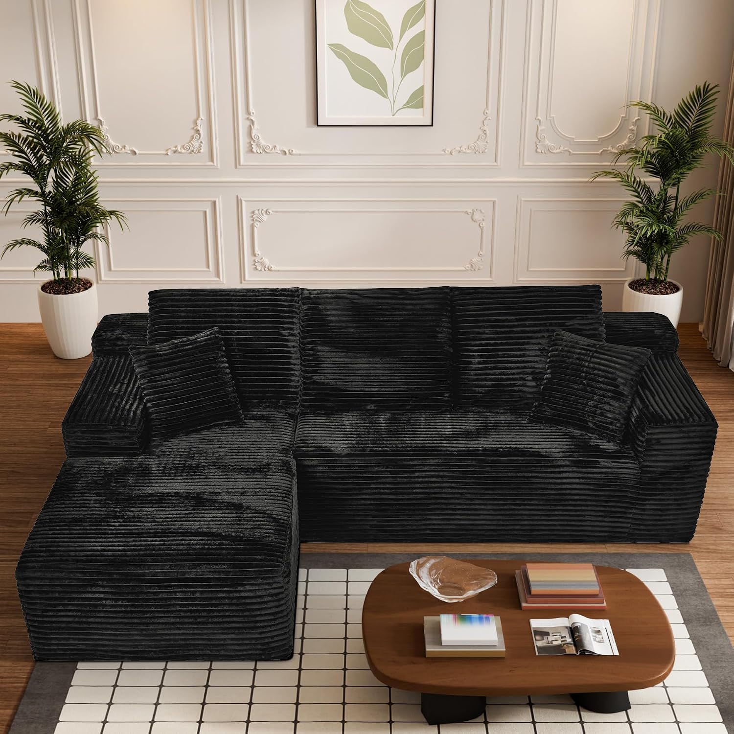 108' Boneless Couches for Living Room, L Shaped Comfy Cloud Modular Sectional Memory Foam Deep Seat Boneless Couch, No Assembly Required Boneless Sofa for Living Room with Left Facing Chaise, Black