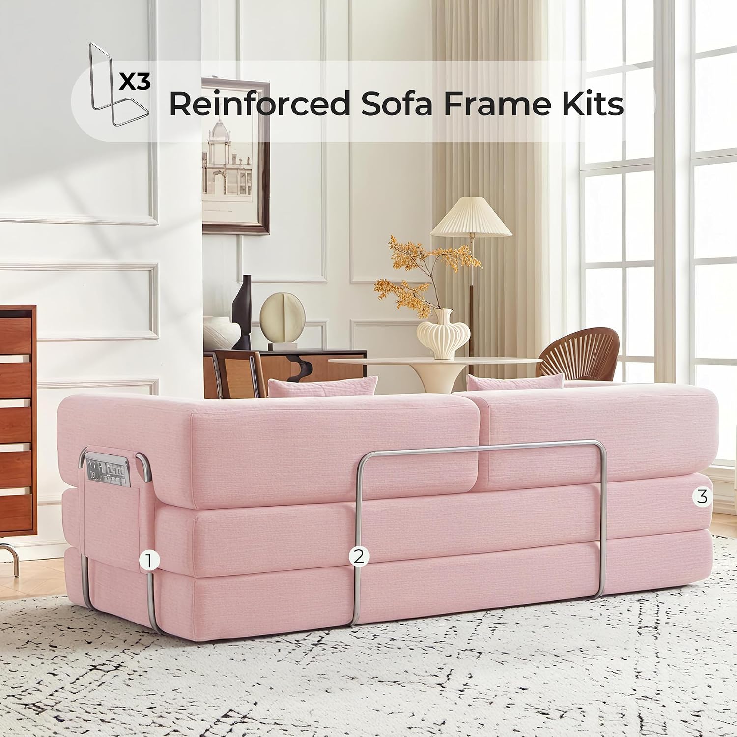 79' Convertible Sofa Bed with Pillows, Corduroy Folding Sleeper Sofa with Fixed-Shape Frame, Boneless Couch for Living Room Bedroom, Floor Sofa Lounge No Assembly Required (A - Style - Pink)
