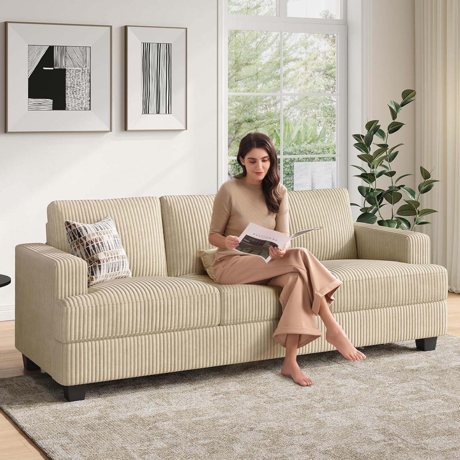 COPIAE 89 Inch Sofa with Extra Deep Seats Oversize, 3 Seater Sofa for Living Room, Modern Couch and Sofa, Comfy Armrests and Seats and Backrests, Easy Installation,Wide Corduroy Fabric Beige