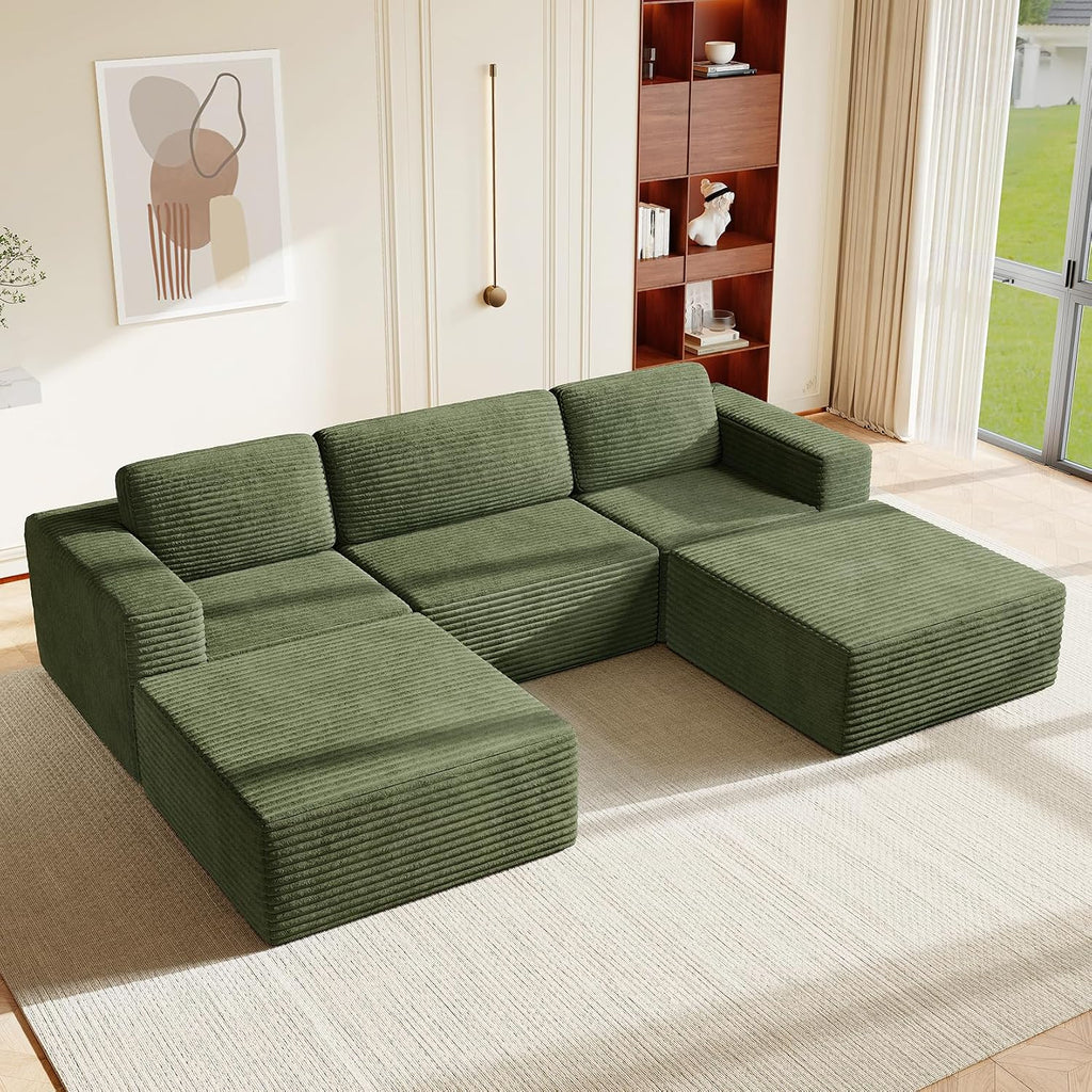 Vesgantti 119' Oversized U-Shaped Modular Sectional Sofa, Corduroy Cloud Couch with Deep Seating & Spring Support, Convertible Sofa with 2 Ottomans, Boneless Couch, No Assembly Required, Green