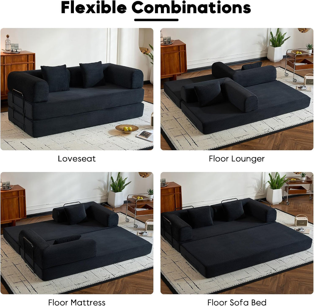 ZEIINPA Convertible Sleeper Sofa Bed with Fixed-Shape Frame, Corduroy Folding Boneless Couch with Cylindrical Pillow, Comfy Floor Sofa Couch for Living Room, No Assembly Required, Black