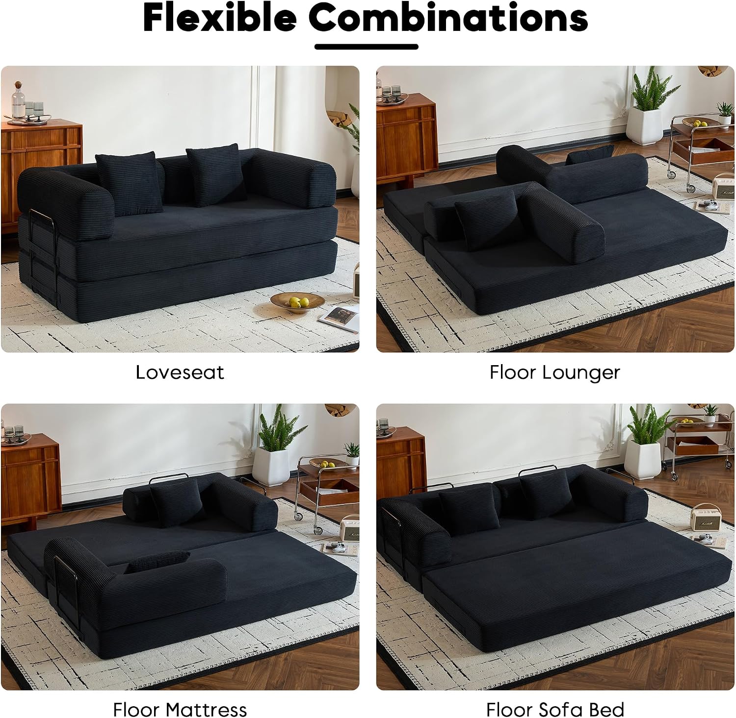ZEIINPA Convertible Sleeper Sofa Bed with Fixed-Shape Frame, Corduroy Folding Boneless Couch with Cylindrical Pillow, Comfy Floor Sofa Couch for Living Room, No Assembly Required, Black