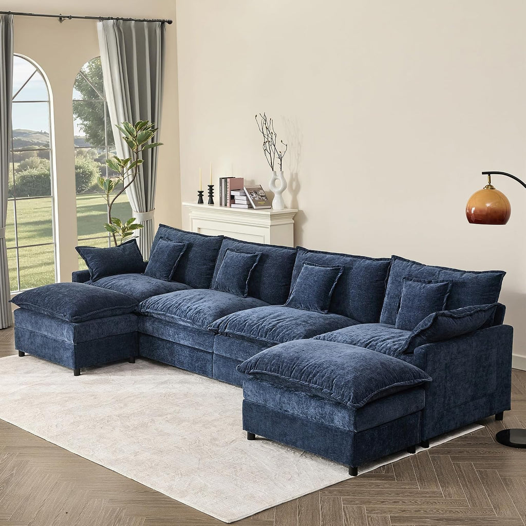 GOSUHI 142.5' U Shaped Couch, Modular Sectional Sofa, 3-Seater Comfy Cloud Couch, Set of Modular Pieces with Movable Ottoman, Deep Seat Couches for Living Room, Chenille, Navy