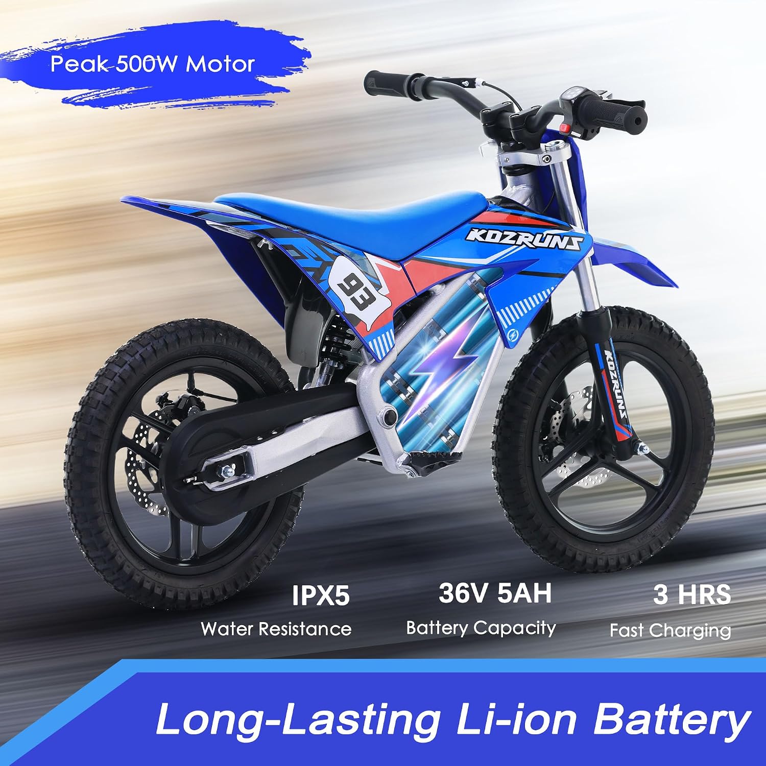 OLALA 36V Electric Dirt Bike for Kids 4-8, 350W Brushless Motor with 3-Speed Control, 18.6 MPH Max Speed, 14' Off-Road Tires Motorcycle, for Boys & Girls, Blue