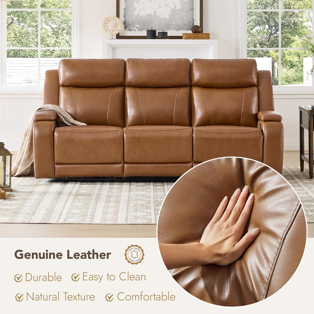 Watson & Whitely Genuine Leather Power Recliner Sofa, 3 Seater Zero Gravity Reclining Couch with Power Headrest & Flip Middle Backrest Table, Hidden Storage, Cup Holders for Living Room, Saddle Brown