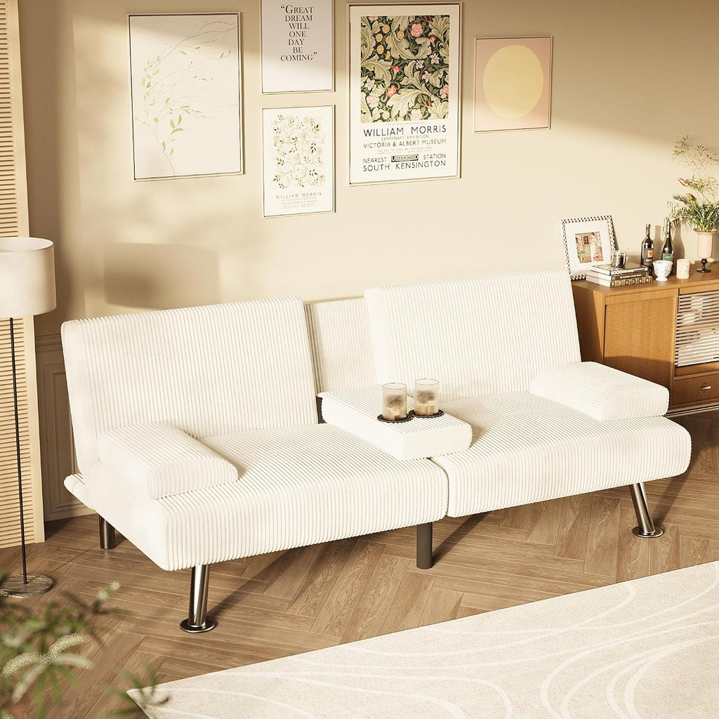 Homall Futon Sofa Bed, Futon Couch with Removable Armrests, Adjustable Recliner Sleeper Sofa Bed with Dual Cup Holders for Living Room, Apartment, Office (Corduroy, White)