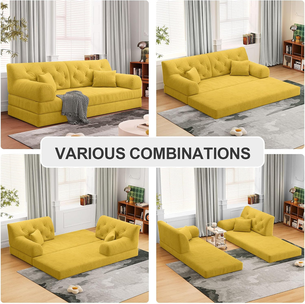 79' Convertible Sofa Bed with Pillows, Corduroy Folding Sleeper Sofa with Fixed-Shape Frame, Boneless Couch for Living Room Bedroom, Floor Sofa Lounge No Assembly Required (C - Style - Yellow)