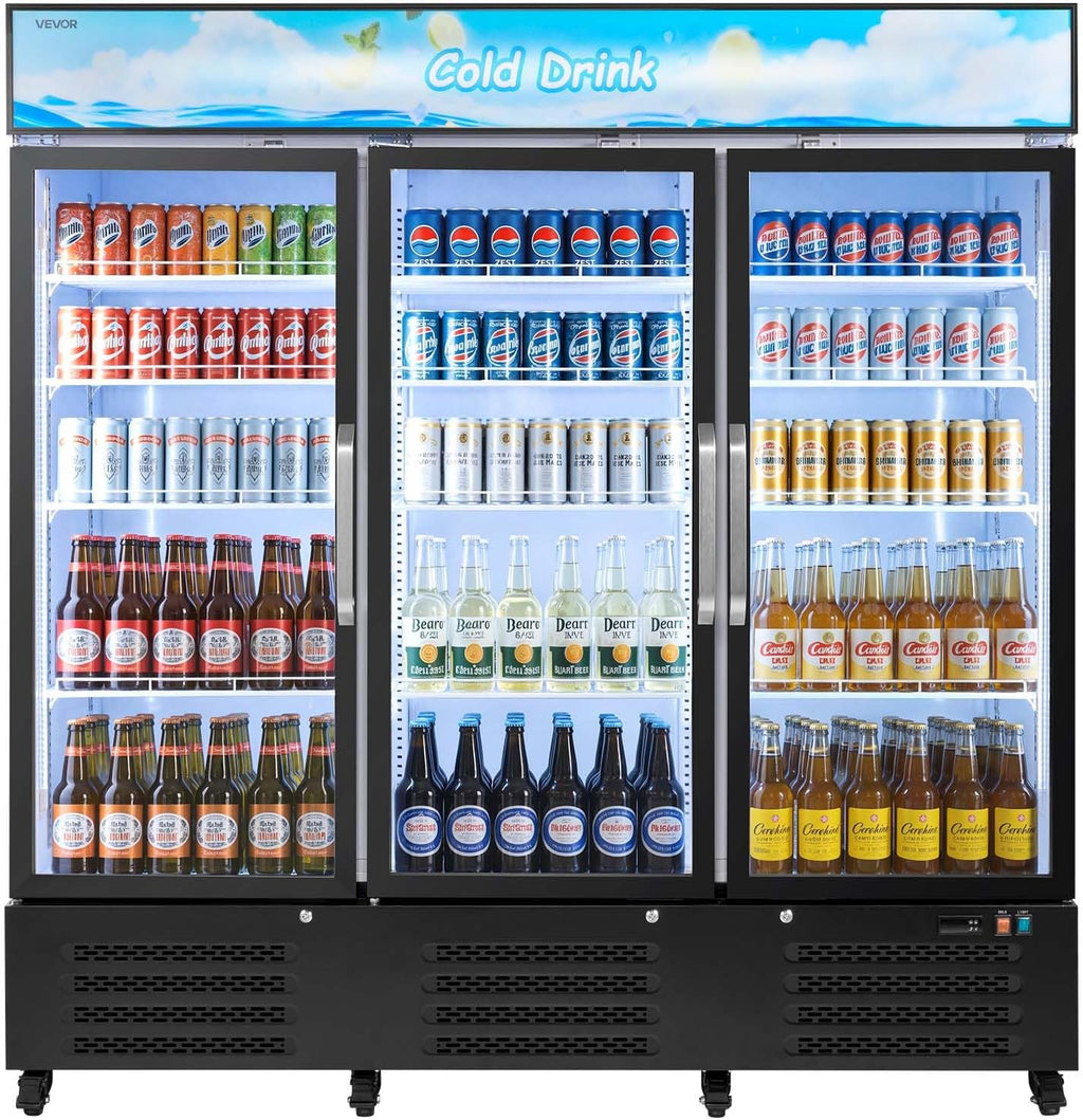 VEVOR Commercial Merchandiser Refrigerator, 54.3 Cu.Ft / 1538L Upright Beverage Cooler, 3 Glass Door Display Refrigerator with Customizable Lightbox, 12 Adjustable Shelves, Soft LED Lighting & Casters