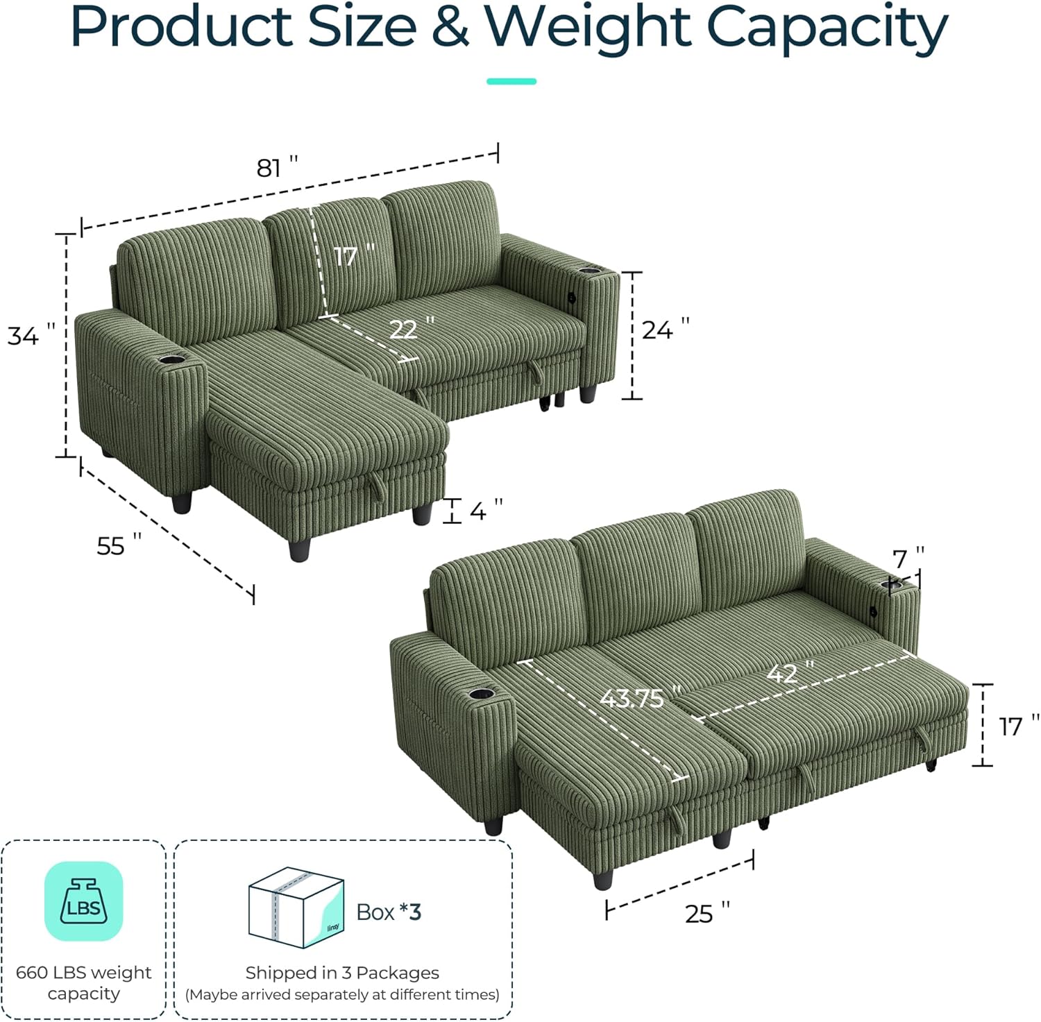 LINSY HOME Sectional Sleeper Sofa Only Corner (Green)