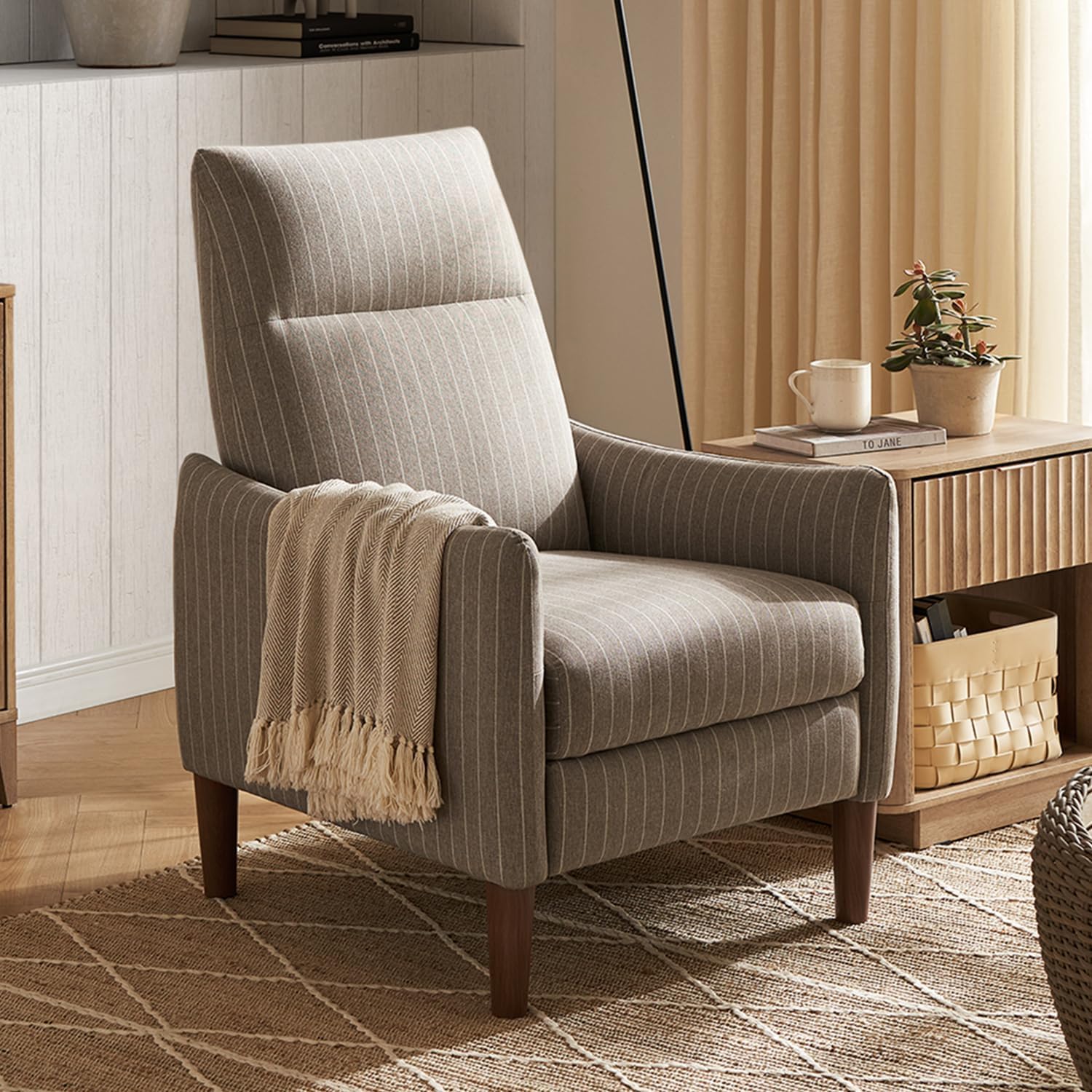 mopio Arthur Recliner Chair with 3 Positions, Accent Armchair, Mid Century Modern Reading Chair, High Back Padded Support Comfy Sleeper Armchair (Jacquard Taupe Stripe)