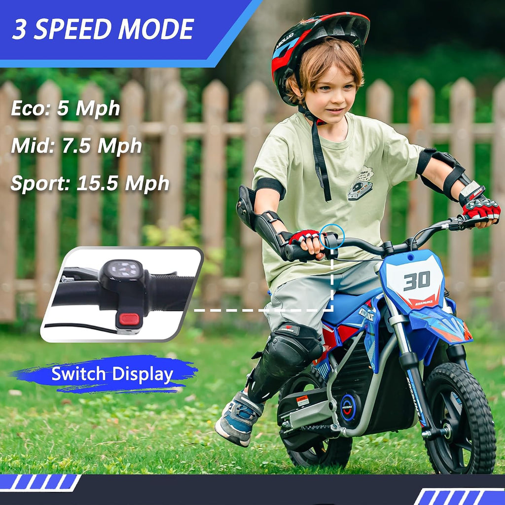 OLALA 36V Electric Dirt Bike for Kids 3-6, 250W Brushless Motor with 3-Speed Control, 15.5 MPH Max Speed, 12' Off-Road Tires Motorcycle, for Boys & Girls, Blue