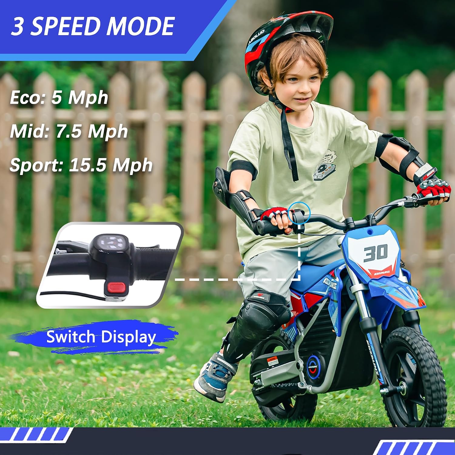 OLALA 36V Electric Dirt Bike for Kids 3-6, 250W Brushless Motor with 3-Speed Control, 15.5 MPH Max Speed, 12' Off-Road Tires Motorcycle, for Boys & Girls, Blue