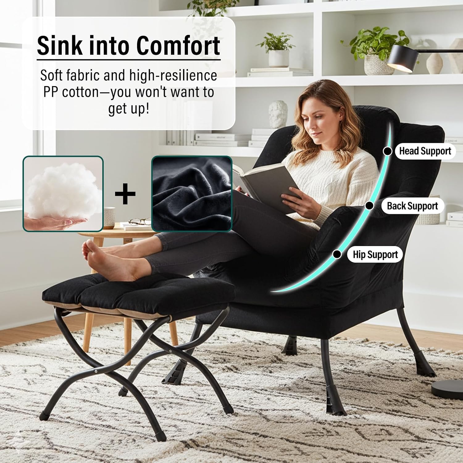 Furlide Lazy Chair with Ottoman, Modern Accent Chair with Armrests and a Side Pocket, Velvet Black Accent Chairs, Reading Chairs, Oversized Armchairs for Bedroom, Study, Living Room, Courtyard
