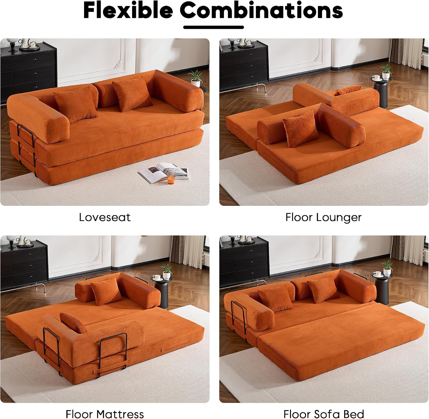ZEIINPA Convertible Folding Couch Bed, Comfy Corduroy Sleeper Floor Sofa Bed with Fixed-Shape Frame, Floor Sofa with Armrest, Lounge Couch for Living Room Bedroom Lounge Studio, Orange