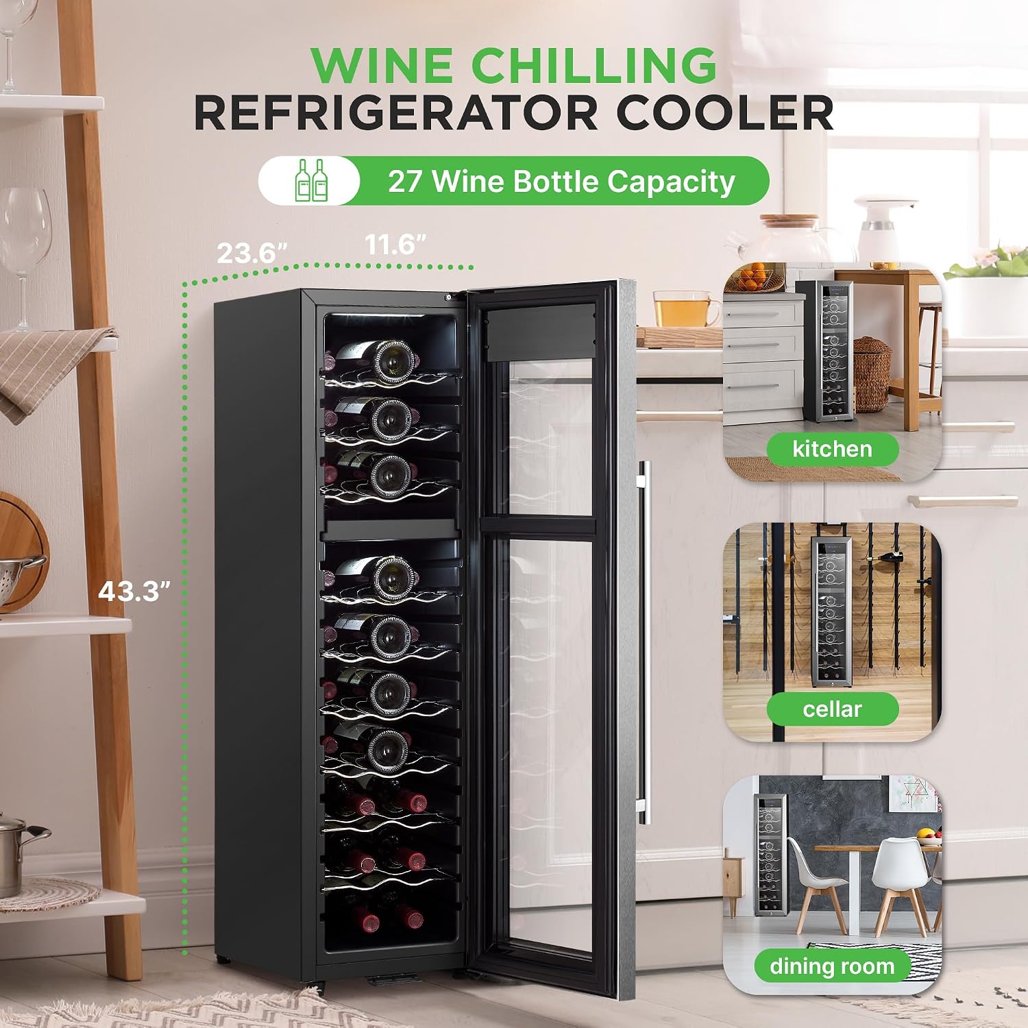 NutriChef 27 Bottle Wine Fridge | Dual Zone Adjustable Temperature Control 41°F to 64°F | Ultra Quiet Operation | Wine Cooler for Home, & Office | FreeStanding 43x11x23 in (Black)