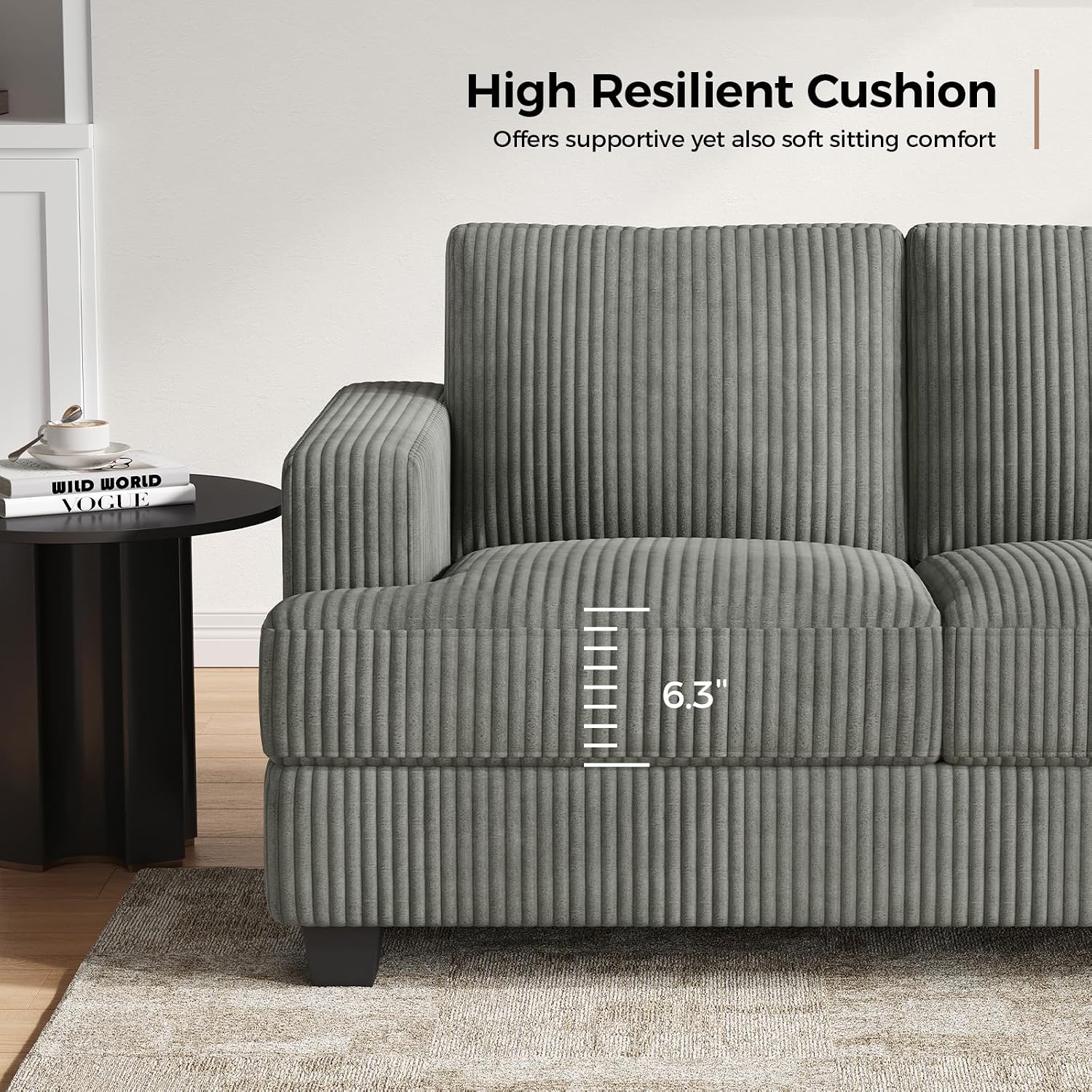 COPIAE 89 Inch Sofa with Extra Deep Seats Oversize, 3 Seater Sofa for Living Room, Modern Couch and Sofa, Comfy Armrests and Seats and Backrests, Easy Installation,Wide Corduroy Fabric Dark Grey