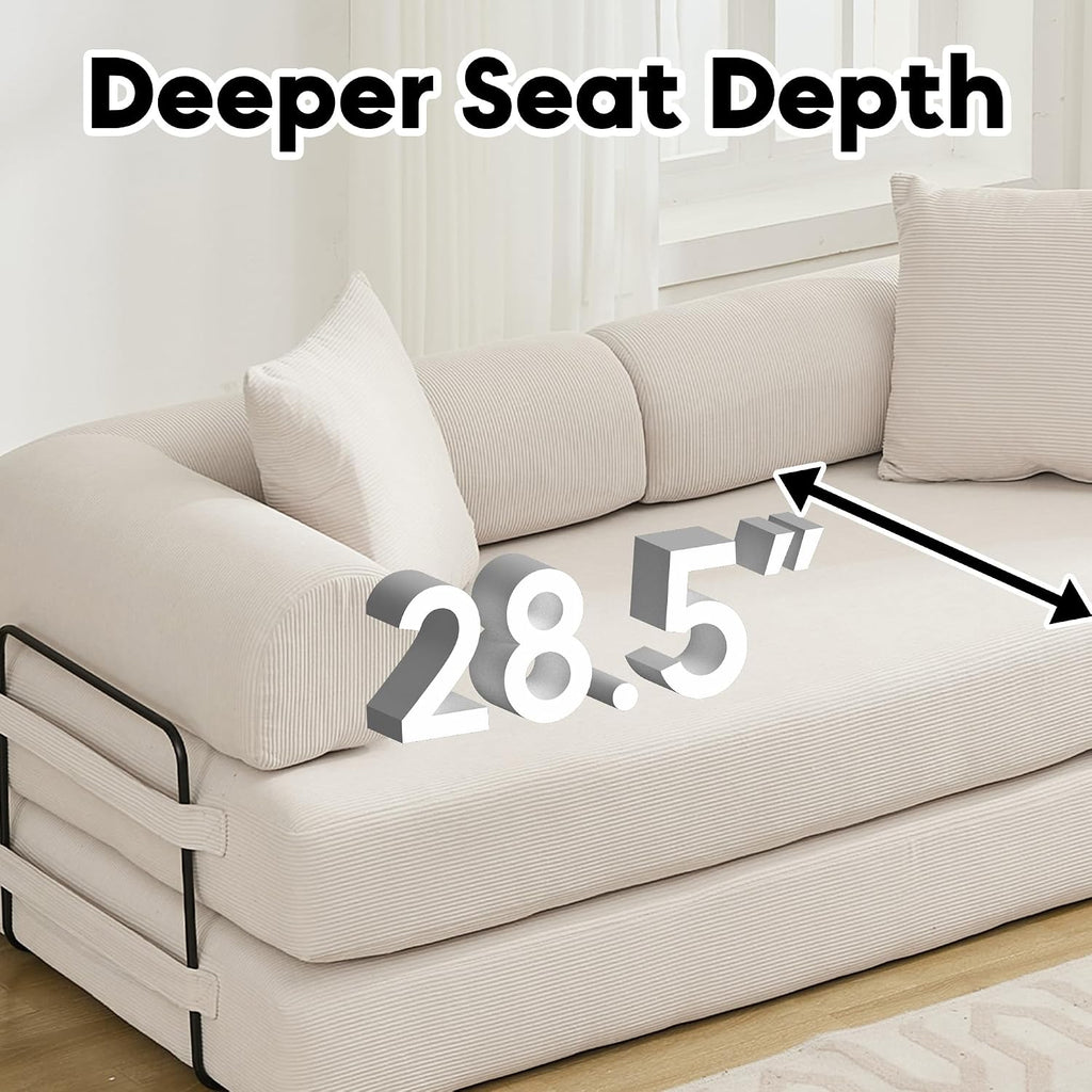 ZEIINPA Convertible Sleeper Sofa Bed with Cylindrical Pillow, Corduroy Folding Mattress Couch with Fixed-Shape Frame, Floor Sofa Lounge Couch for Living Room Bedroom Lounge Studio, Beige