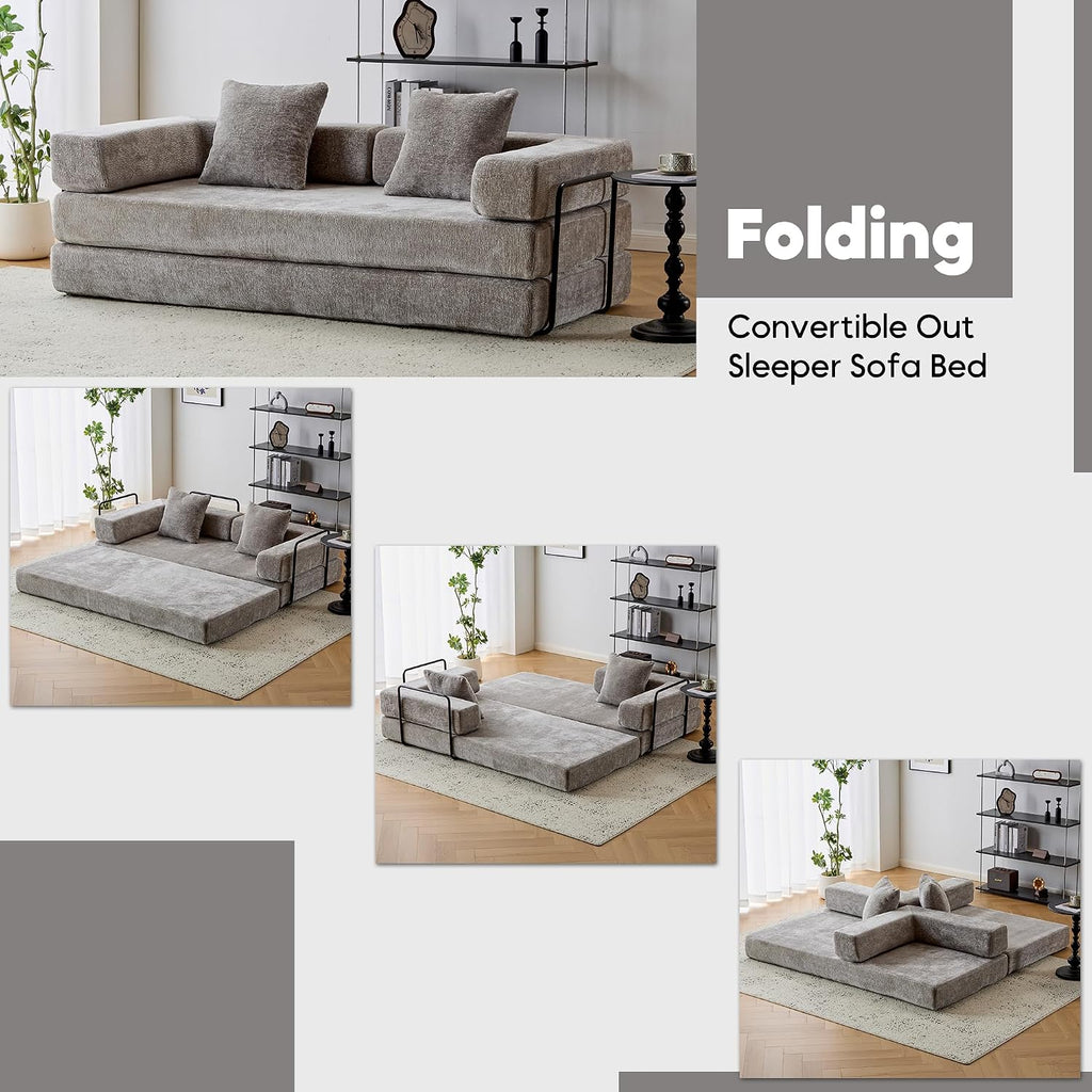 ZEIINPA Convertible Floor Sofa Bed with Fixed-Shape Frame, Modular Chenille Folding Mattress Couch with Armrest, Floor Sofa Lounge Couch for Living Room Bedroom Lounge Studio,Light Grey