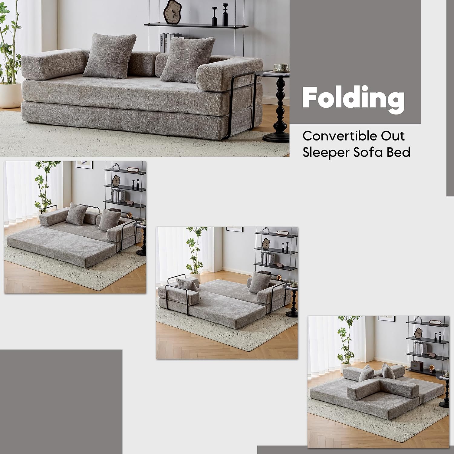 ZEIINPA Convertible Floor Sofa Bed with Fixed-Shape Frame, Modular Chenille Folding Mattress Couch with Armrest, Floor Sofa Lounge Couch for Living Room Bedroom Lounge Studio,Light Grey