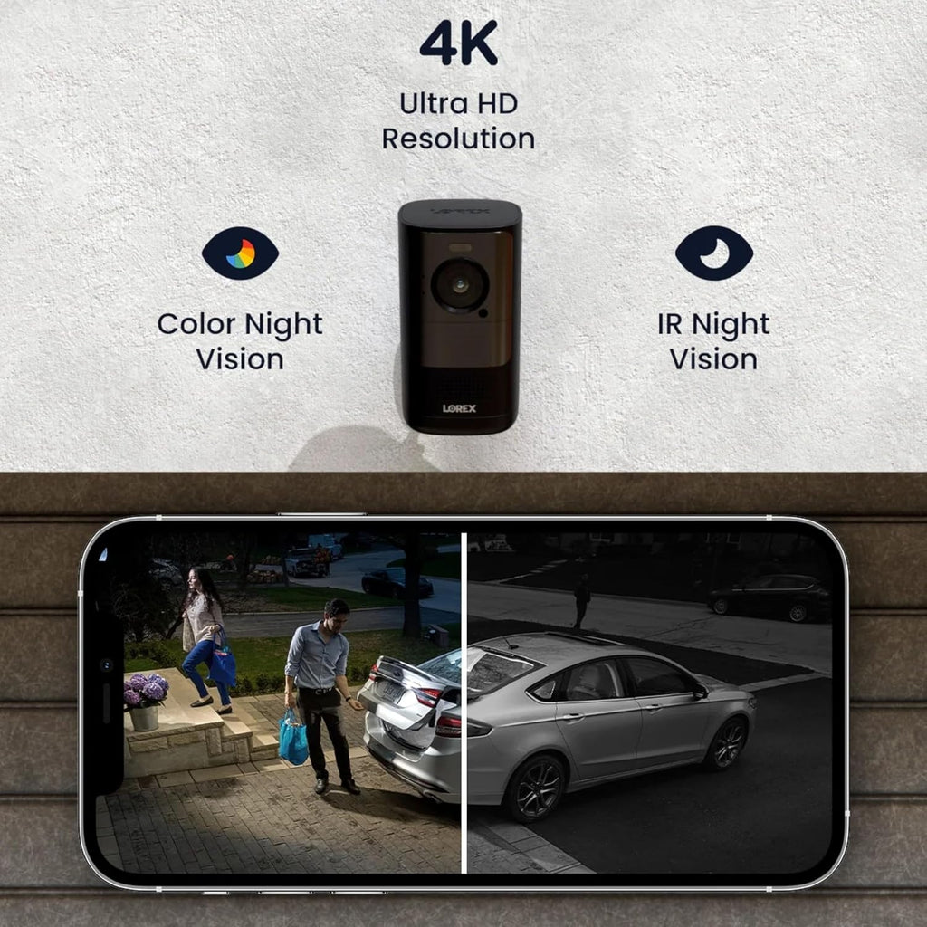 Lorex 4K Battery-Operated Wi-Fi Spotlight Camera | Black | 2-Way Talk | Color Night Vision | Person & Vehicle Detection | Siren | MicroSD Not Included | Cloud-Enabled | IP65 Weatherproof