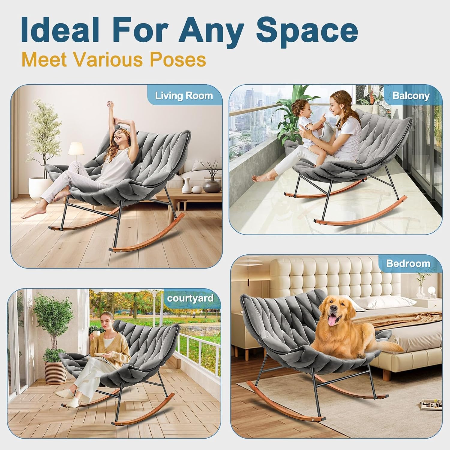 Outdoor Royal Rocking Chair, Velvet Papasan Rocking Chair – 30° Rocker, Outdoor Patio Egg Reclining Lounge Rocking Chair for Balcony Porch Patio, Braided Design