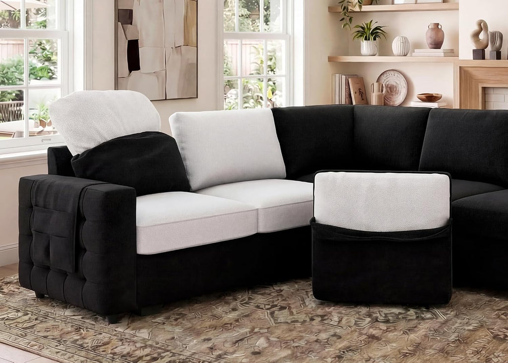 HONBAY Sectional Sleeper Sofa with Pull Out Bed U-Shape Sectional Couch with Storage Chaise 6 Seater Sleeper Sectional Sofa Bed, Velvet Black